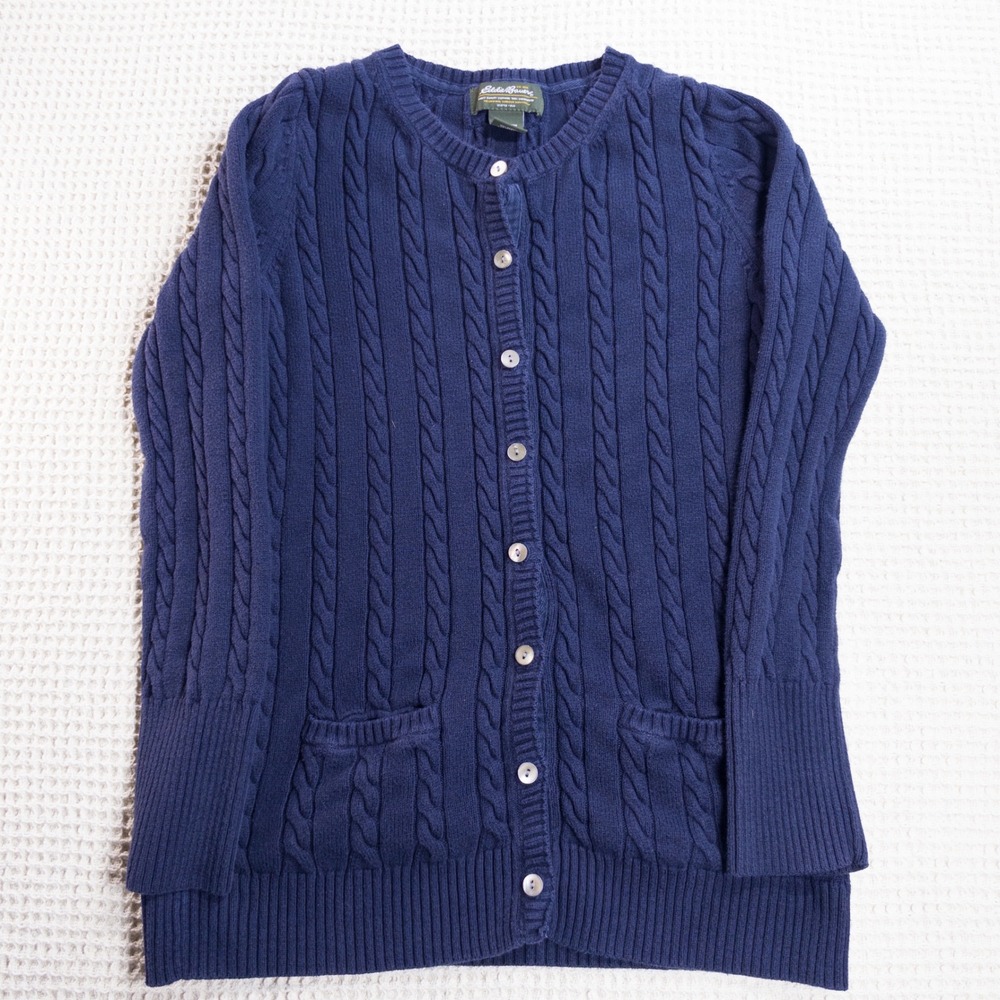 Eddie Bauer Navy Blue Cable Knit Cardigan Sweater Womens Small Button Front
